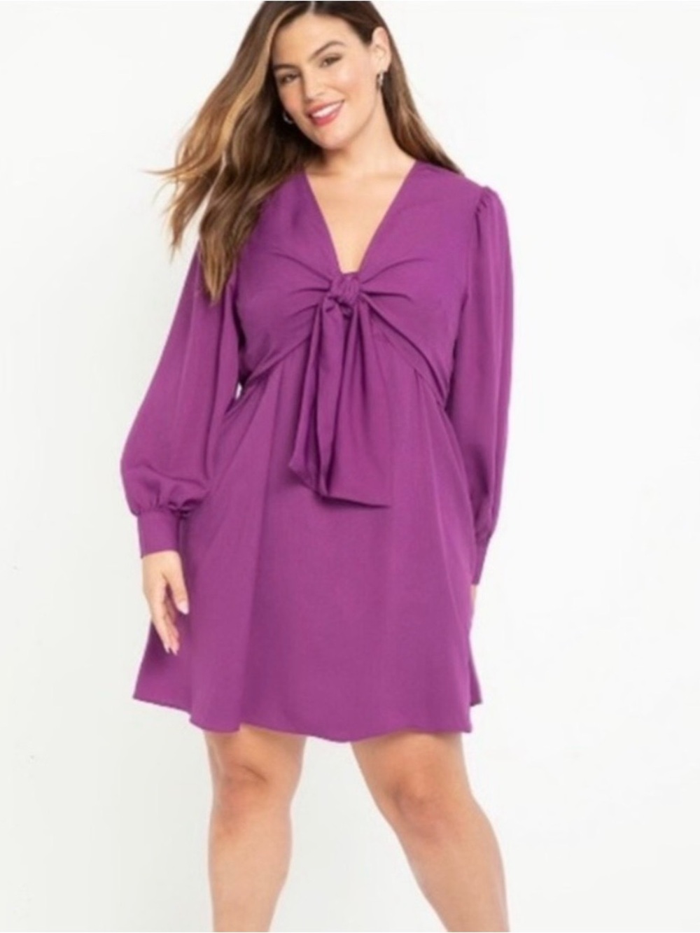 Eloquii Dress Womens V Neck Tie Front Long Puff Sleeve Purple Sz 16 NWT